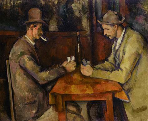 Paul Cézanne, The Card Players, ca. 1892–96, oil on canvas, 47 x 56 cm (Musée d’Orsay, Paris) Image courtesy of www.metmuseum.org. Interpretasi Lukisan. Jika dilihat sepintas, lukisan ini sepertinya begitu simetris dan seimbang. Dua sosok pria duduk berhadapan di sisi kiri dan kanan, juga sebuah meja berdiri kokoh di tengah lukisan ...